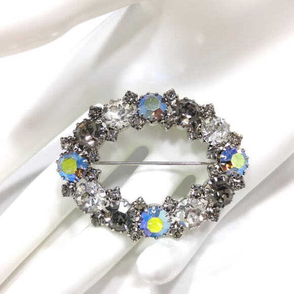 Karu Arke Aurora Borealis Brooch, Clear AB Black Diamond Rhinestones, 1950s - Picture 2 of 10